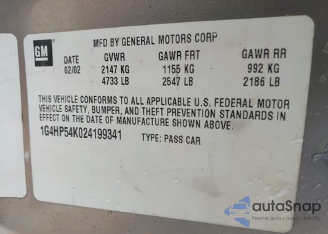 2002 Buick Lesabre Custom из США, поврежденный, VIN 1G4HP54K024199341